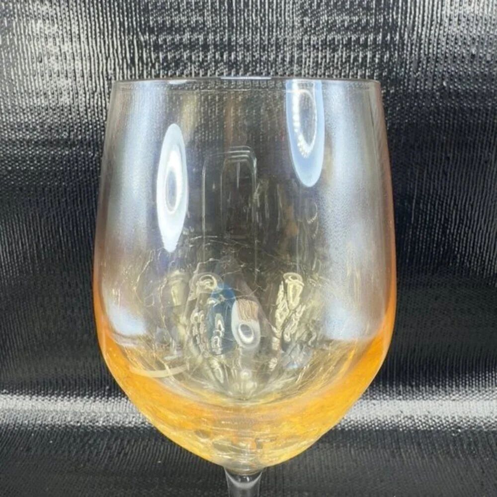 Pier 1 Crackle Glass Goblet Glasses Cups Stemware Gold Yellows Luster Finish VTG